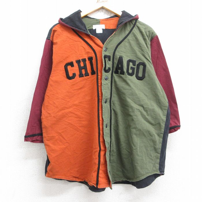【50%OFF】L★古着 半袖 ベースボール シャツ メンズ 80年代 80s シカゴ クレイジーパターン マルチカラー USA製 オレンジ他 【spe】 25aug29 中古 トップス