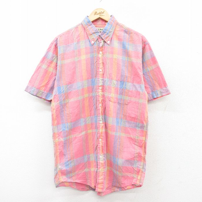 【20%OFF】M★古着 エルエルビーン LLBEAN 半袖 シャツ メンズ 80年代 80s ロング丈 コットン ボタンダウン USA製 赤系他 レッド チェック 25sep01 中古 トップス