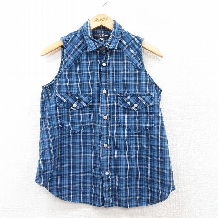 S★古着 ゲス GUESS ノースリーブ ウエスタン シャツ メンズ 90年代 90s USA製 青他 ブルー チェック 25sep01 中古 トップス