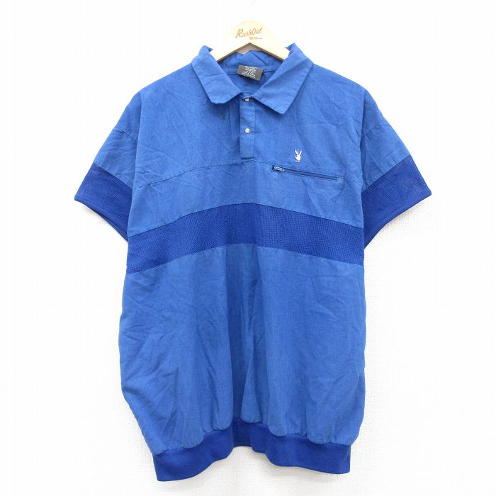 XL★古着 プレイボーイ PLAY BOY 半袖 シャツ メンズ 90年代 90s ワンポイントロゴ 青 ブルー 25sep01 中古 トップス