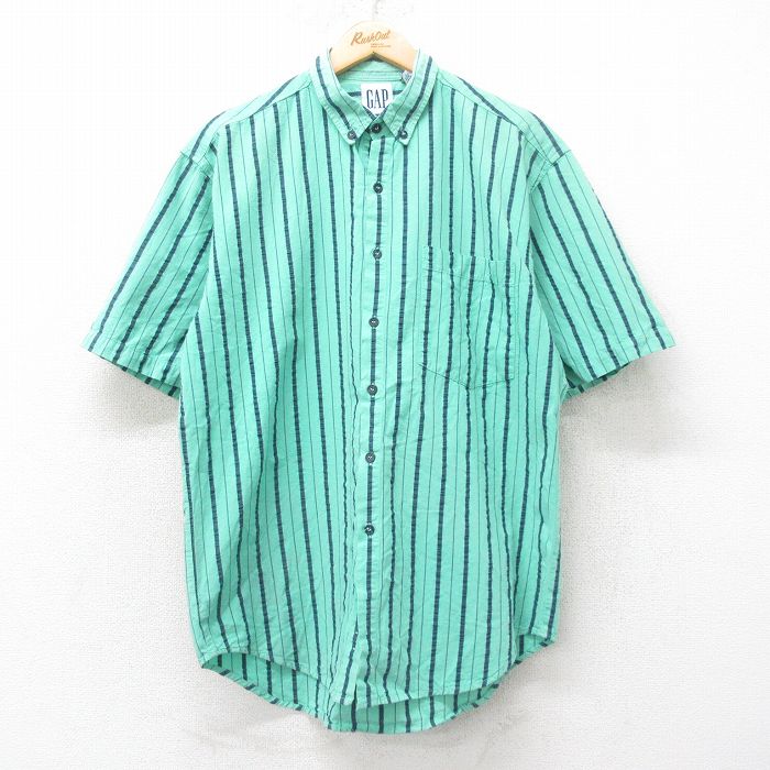 L★古着 ギャップ GAP 半袖 シャツ メンズ 90年代 90s コットン ボタンダウン 緑系他 グリーン ストライプ 【spe】 25sep02 中古 トップス