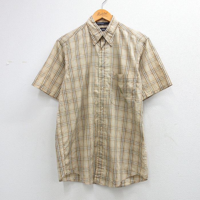 ノーティカ 90s 半袖シャツ ワンポイントロゴ ベージュチェック M | 古着