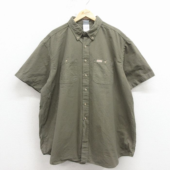 XL★古着 カーハート 半袖 シャツ メンズ 90年代 90s 大きいサイズ ロング丈 コットン ボタンダウン USA製 緑 26apr06