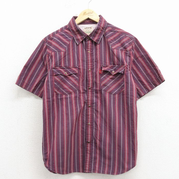 L★古着 リーバイス Levis 半袖 ウエスタン シャツ メンズ コットン 赤紫他 ストライプ 26apr06