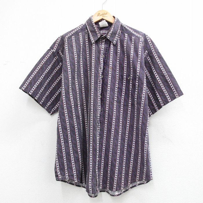 XL★古着 キー KEY 半袖 シャツ メンズ 90年代 90s 紫他 ストライプ 26apr09