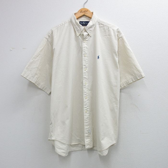 XL★古着 ラルフローレン 半袖 ブランド シャツ メンズ 90年代 90s ワンポイントロゴ 大きいサイズ ロング丈 コットン ボタンダウン 生成り 26apr09