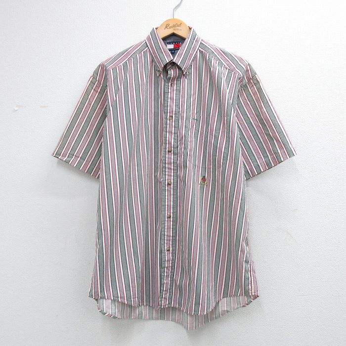 XL★古着 トミーヒルフィガー 半袖 ブランド シャツ メンズ 90年代 90s ワンポイントロゴ コットン ボタンダウン 白他 ストライプ 26apr09