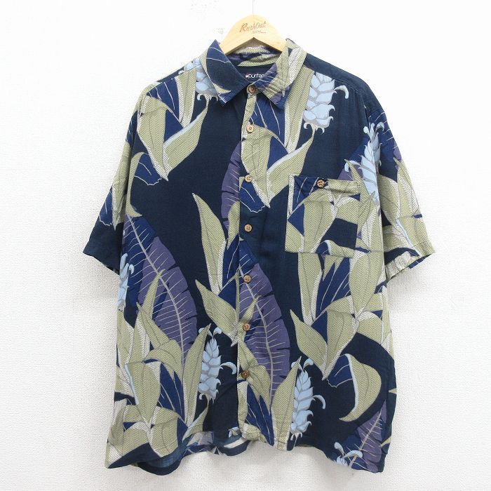 XL★古着 ピューリタン 半袖 ハワイアン シャツ メンズ 00年代 00s 花 大きいサイズ レーヨン 紺他 26apr11