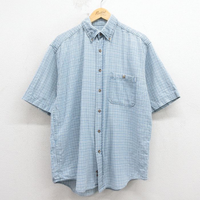 XL★古着 エディーバウアー 半袖 シャツ メンズ 00年代 00s コットン ボタンダウン 薄紺 チェック 26apr11