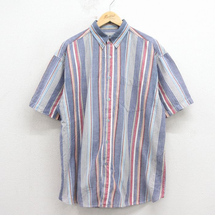 XL★古着 バンヒューセン 半袖 シャツ メンズ 90年代 90s 大きいサイズ コットン ボタンダウン 紺他 ストライプ 26apr11