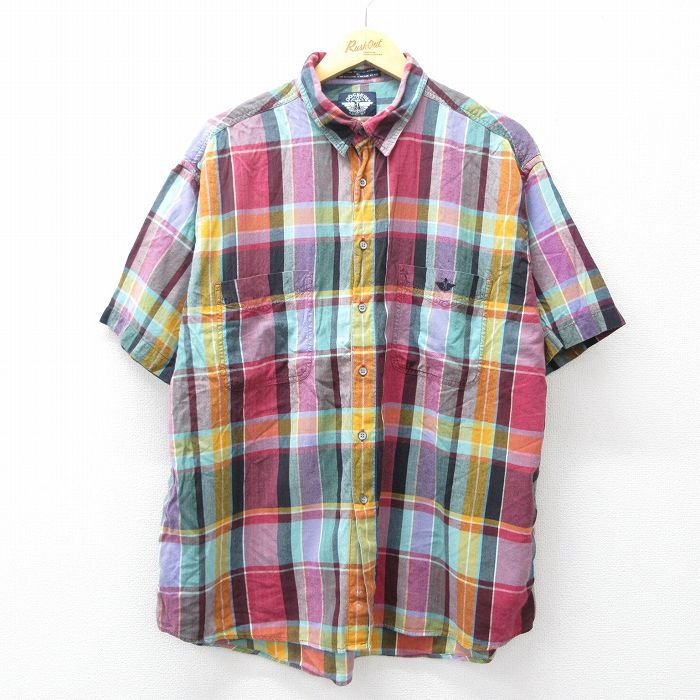 XL★古着 ドッカーズ 半袖 シャツ メンズ 90年代 90s 大きいサイズ レーヨン 赤他 チェック 26apr13