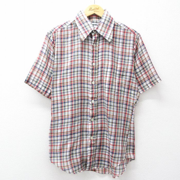 M★古着 半袖 シャツ メンズ 70年代 70s 白他 チェック 26apr13