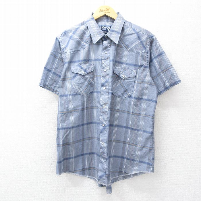 XL★古着 ラングラー 半袖 ウエスタン シャツ メンズ 80年代 80s USA製 薄紺他 チェック 26apr13