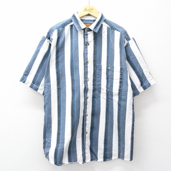 XL★古着 FADED GLORY 半袖 シャツ メンズ 90年代 90s コットン 薄紺他 ストライプ 26apr13