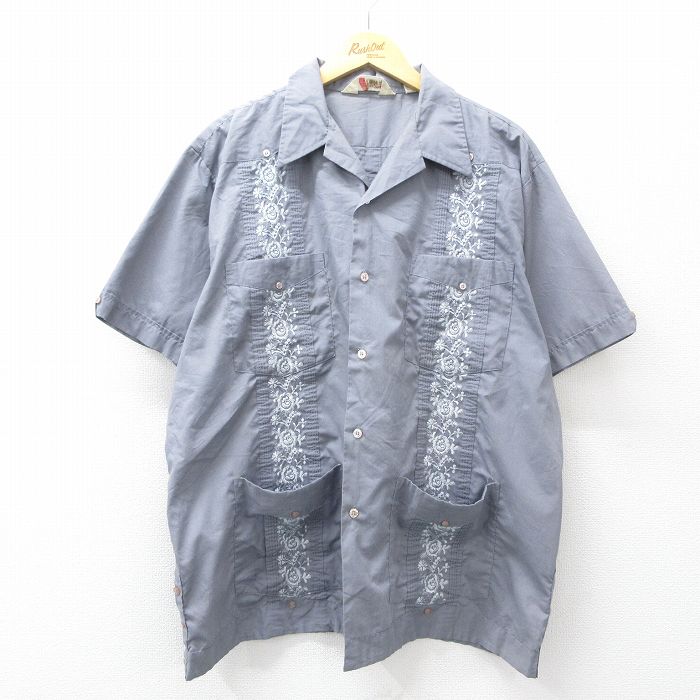 XL★古着 半袖 キューバ シャツ メンズ 80年代 80s グレー 26apr13