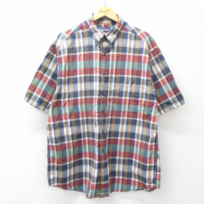 XL★古着 ランズエンド 半袖 シャツ メンズ 00年代 00s 大きいサイズ ロング丈 コットン ボタンダウン 紺他 チェック 26apr13