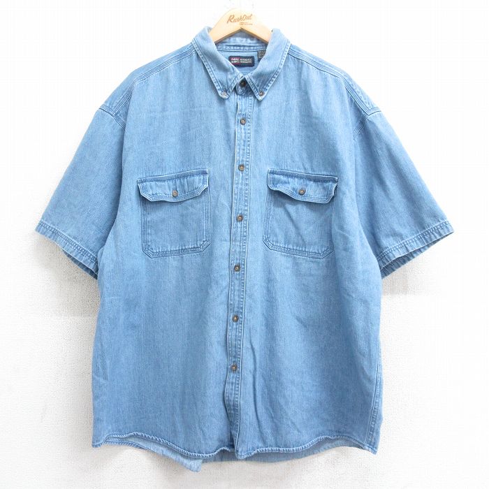XL★古着 FADED GLORY 半袖 シャツ メンズ 大きいサイズ ロング丈 コットン ボタンダウン 紺 デニム 26apr14