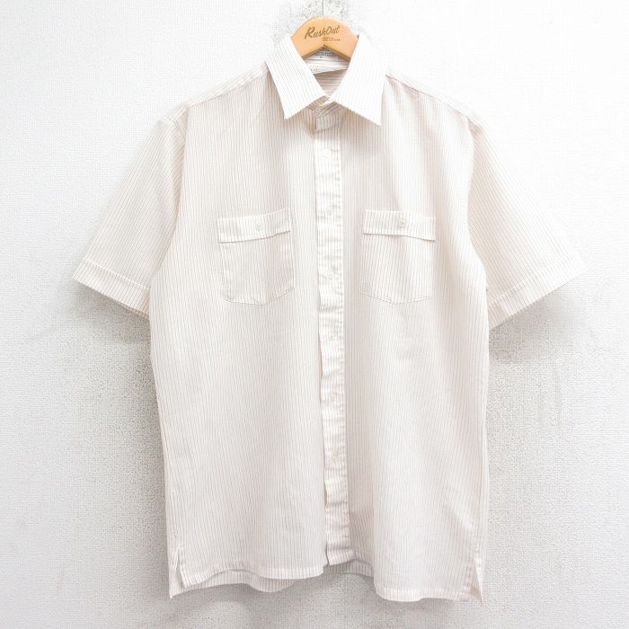 L★古着 半袖 シャツ メンズ 80年代 80s 白他 ストライプ 26apr14