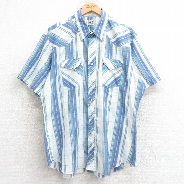 XL★古着 リー Lee 半袖 ウエスタン シャツ メンズ 80年代 80s 大きいサイズ 紺他 チェック 26apr14
