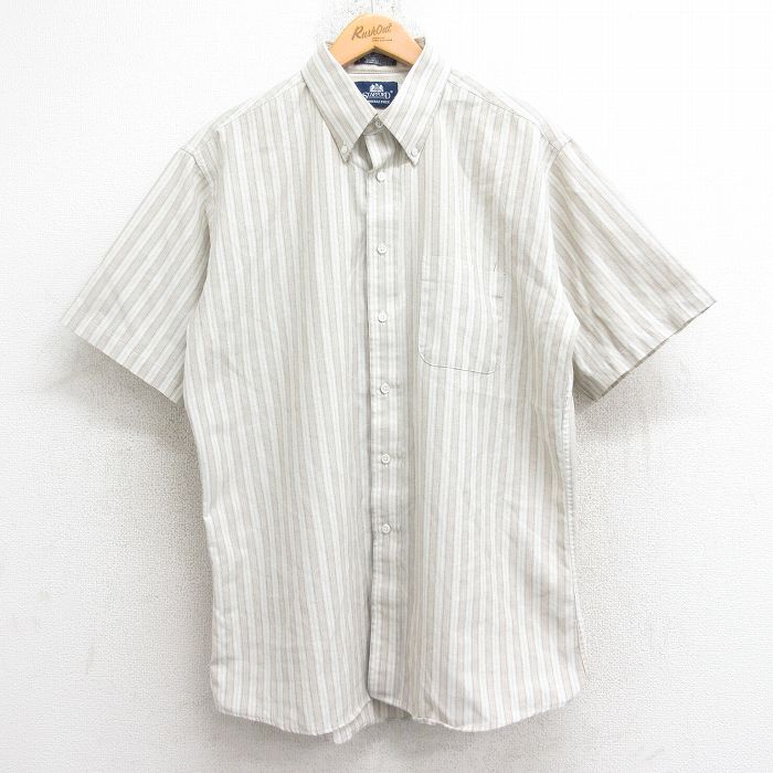XL★古着 半袖 シャツ メンズ オックスフォード ボタンダウン ベージュ他 ストライプ 26apr14