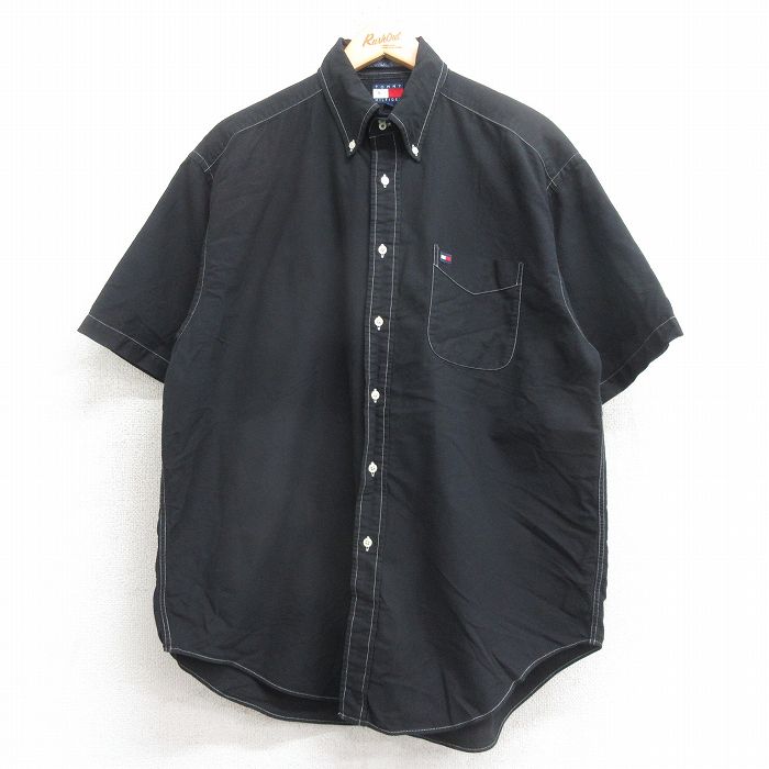 XL★古着 トミーヒルフィガー 半袖 ブランド シャツ メンズ 90年代 90s ワンポイントロゴ 大きいサイズ コットン ボタンダウン 黒 26apr14