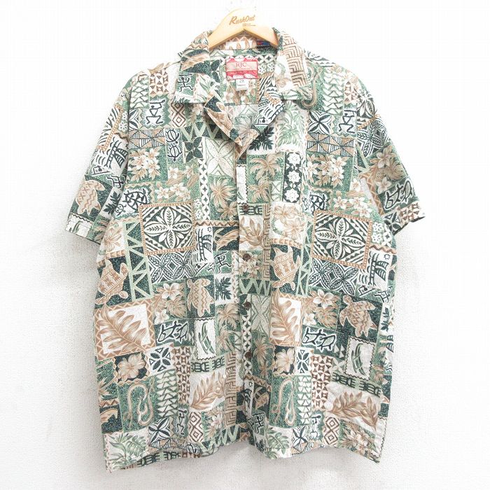 XL★古着 半袖 ハワイアン シャツ メンズ 90年代 90s ヤシの木 ハイビスカス カメ 大きいサイズ コットン 開襟 オープンカラー ハワイ製 緑 26apr14