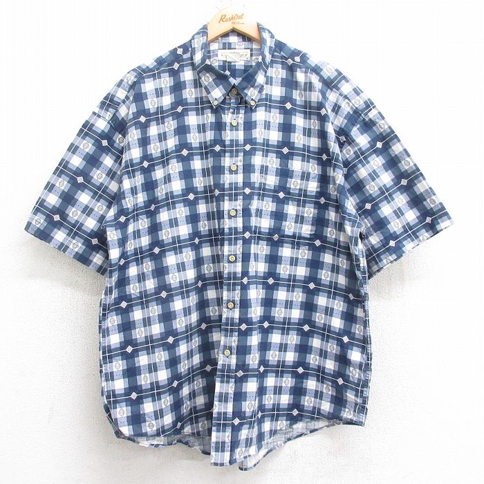 XL★古着 半袖 シャツ メンズ 00年代 00s 総柄 大きいサイズ コットン ボタンダウン 紺他 チェック 26apr14