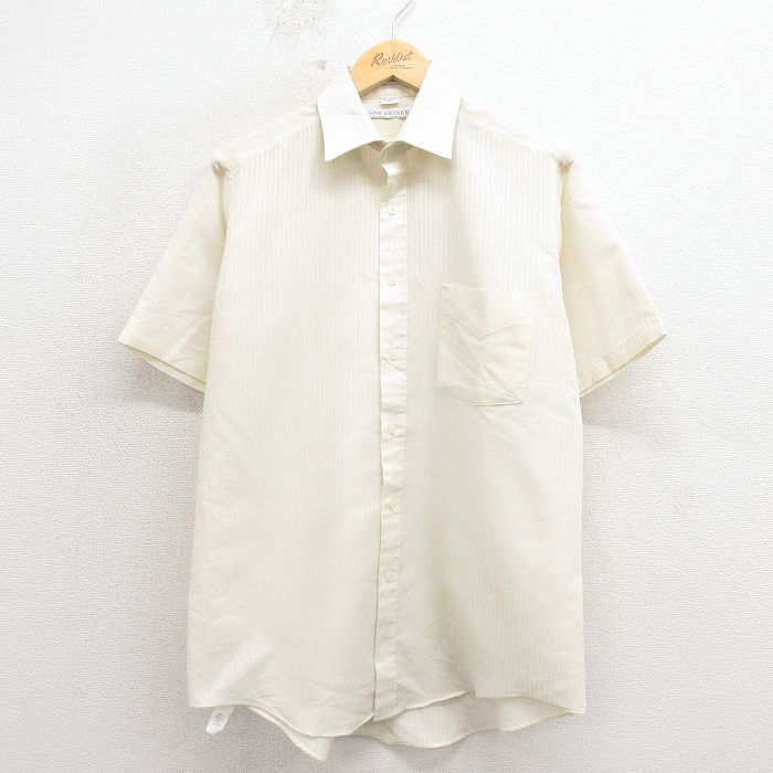 L★古着 バンヒューセン 半袖 シャツ メンズ 90年代 90s 薄黄 ストライプ 26apr15
