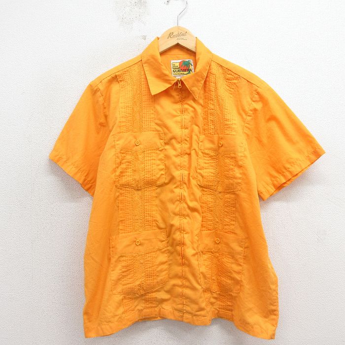 L★古着 HABAND 半袖 フルジップ キューバ シャツ メンズ 00年代 00s 刺繍 黄 26apr15