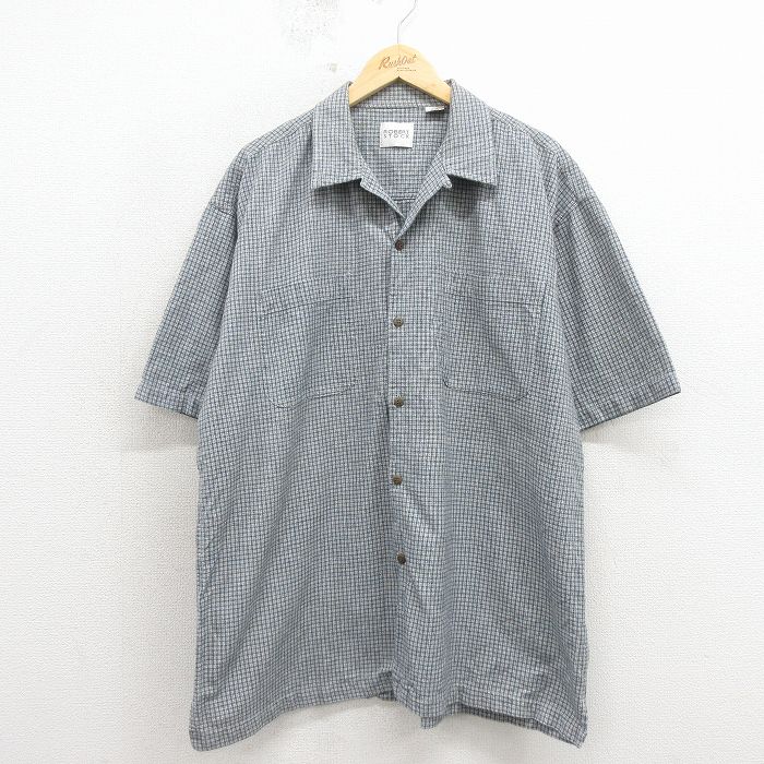 XL★古着 半袖 シャツ メンズ 大きいサイズ ロング丈 コットン 開襟 オープンカラー 紺他 チェック 26apr15