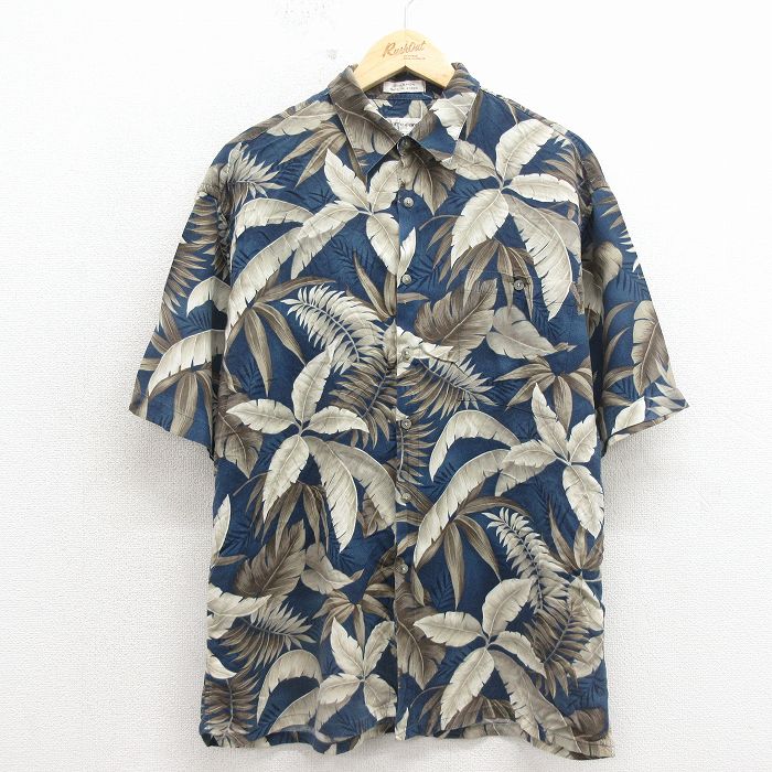 XL★古着 ピエールカルダン 半袖 ブランド ハワイアン シャツ メンズ 90年代 90s 葉 レーヨン 紺他 26apr15