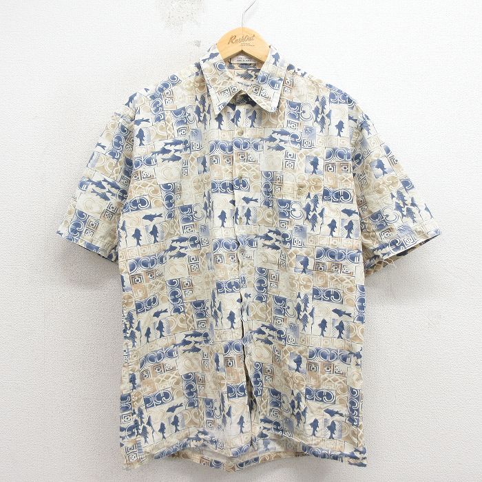 XL★古着 ピエールカルダン 半袖 ブランド シャツ メンズ 90年代 90s 魚 コットン ベージュ他 26apr15