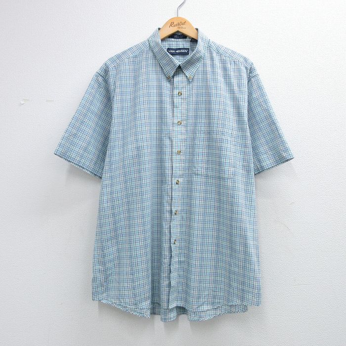 XL★古着 バンヒューセン 半袖 シャツ メンズ 90年代 90s 大きいサイズ ボタンダウン 薄紺他 チェック 26apr16