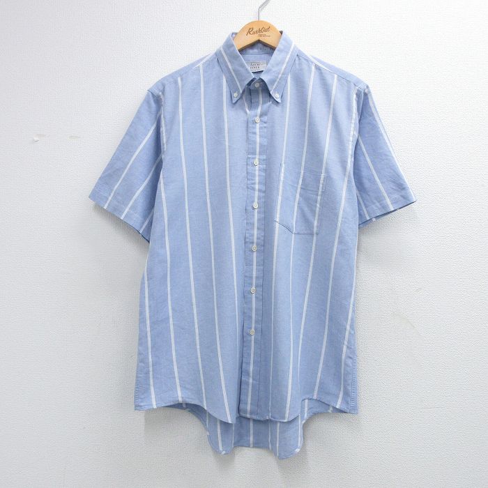 L★古着 アロー 半袖 シャツ メンズ 90年代 90s オックスフォード ボタンダウン USA製 薄紺他 ストライプ 26apr16