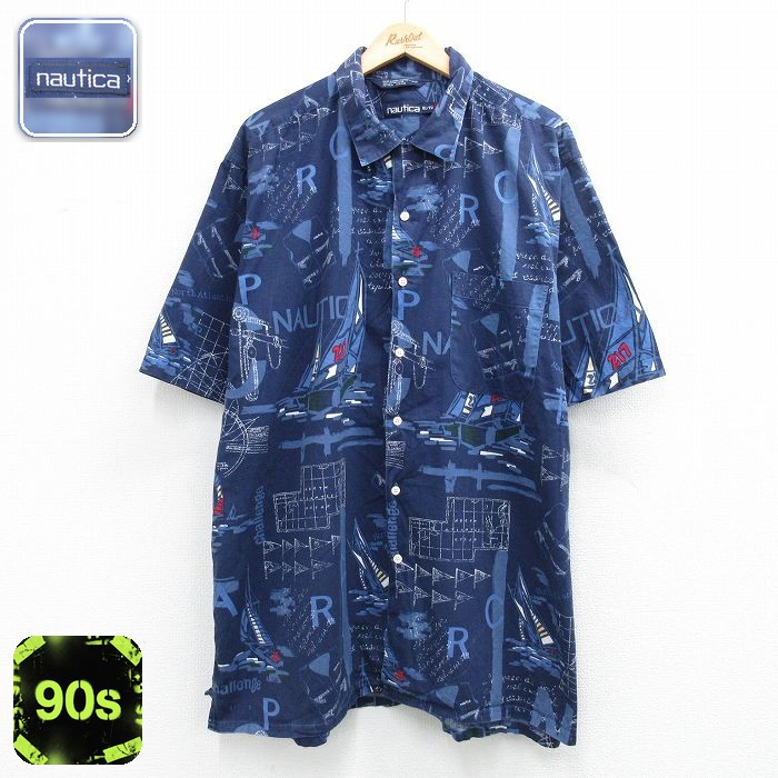 ノーティカ 90s 半袖シャツ ビッグロゴ ネイビー メンズXL相当 | 古着