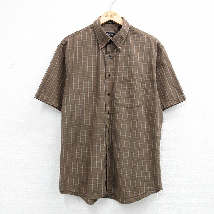 XL★古着 バンヒューセン 半袖 シャツ メンズ ボタンダウン 茶他 チェック 26apr16