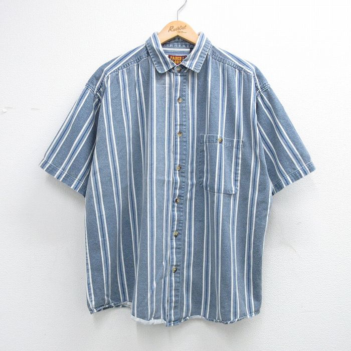 XL★古着 FADED GLORY 半袖 シャツ メンズ 90年代 90s 大きいサイズ コットン 紺他 ストライプ 26apr16