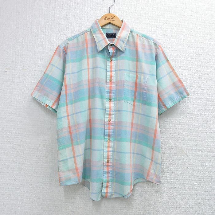 XL★古着 半袖 シャツ メンズ 90年代 90s 大きいサイズ 薄紺他 チェック 26apr16