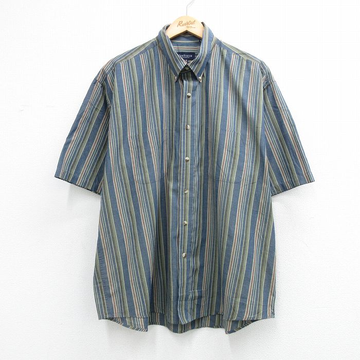 XL★古着 バンヒューセン 半袖 シャツ メンズ 大きいサイズ ボタンダウン 紺他 ストライプ 26apr16
