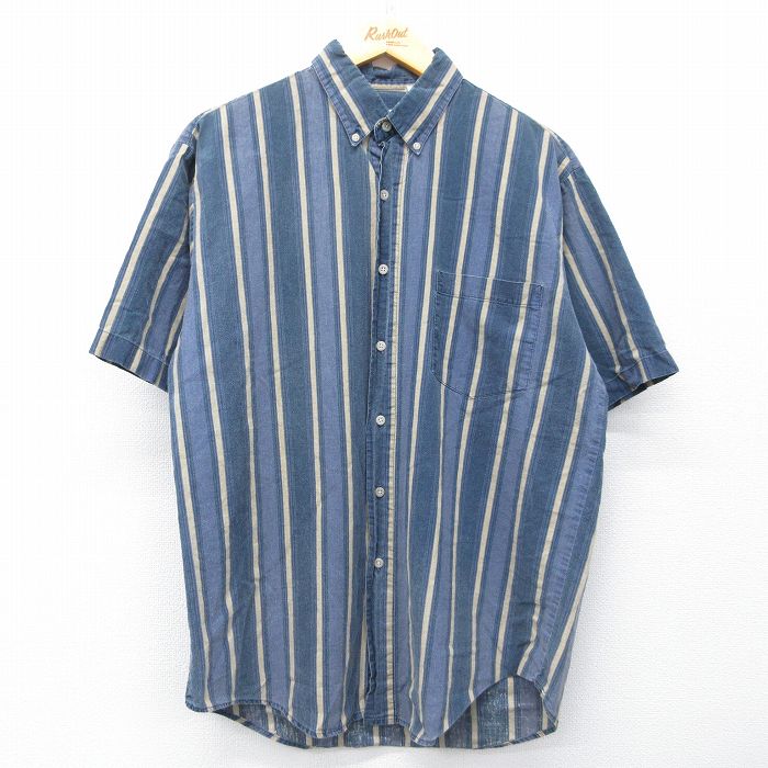 L★古着 ベーシックエディションズ 半袖 シャツ メンズ 90年代 90s ボタンダウン 紺他 ストライプ 26apr16