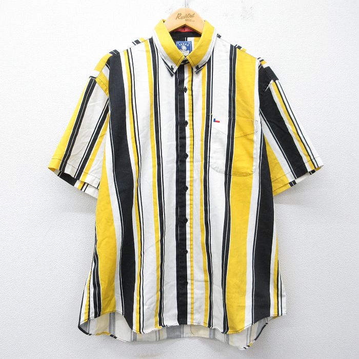 XL★古着 半袖 シャツ メンズ 90年代 90s ロング丈 コットン ボタンダウン USA製 黄他 ストライプ 26apr16