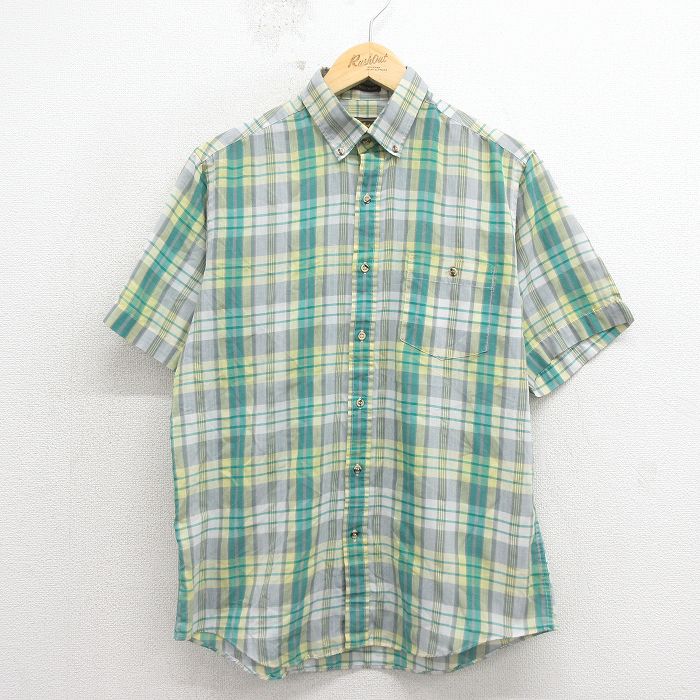 L★古着 半袖 シャツ メンズ 80年代 80s ボタンダウン 緑他 チェック 26apr17