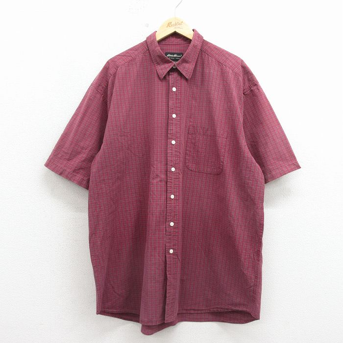 XL★古着 エディーバウアー 半袖 シャツ メンズ 00年代 00s 大きいサイズ ロング丈 コットン エンジ チェック 26apr17