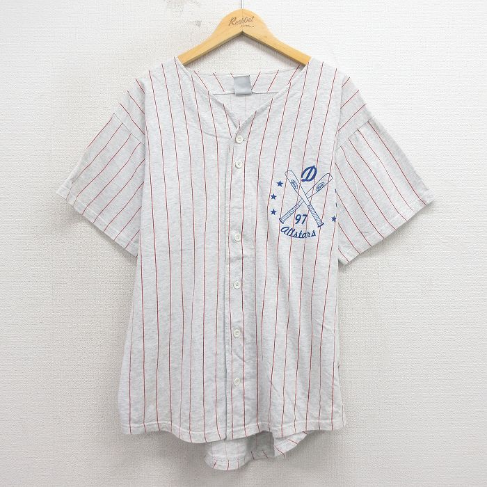 L★古着 半袖 ベースボール シャツ メンズ 90年代 90s オールスター コットン USA製 薄グレー 霜降り他 ストライプ 26apr17