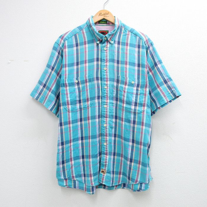 XL★古着 ボストントレーダーズ 半袖 シャツ メンズ 00年代 00s コットン ボタンダウン 水色他 チェック 26apr21
