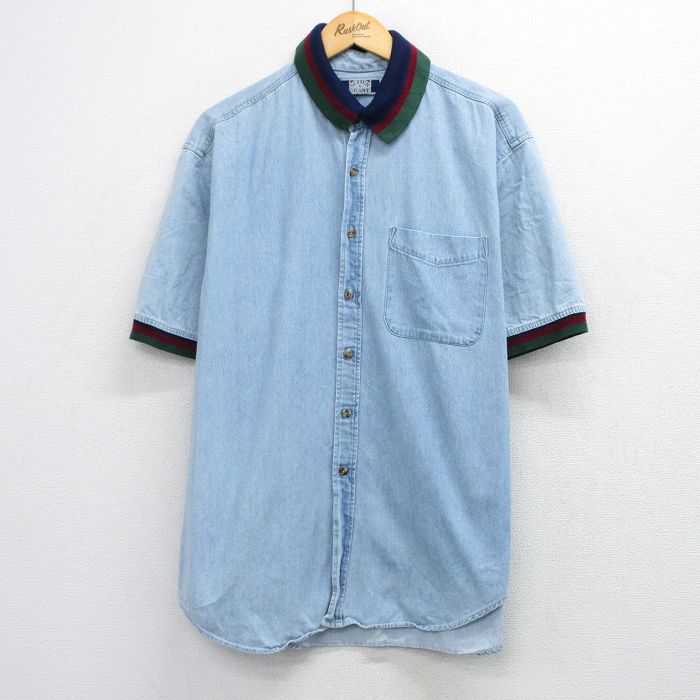 XL★古着 半袖 シャツ メンズ 90年代 90s コットン USA製 薄紺 デニム他 26apr22