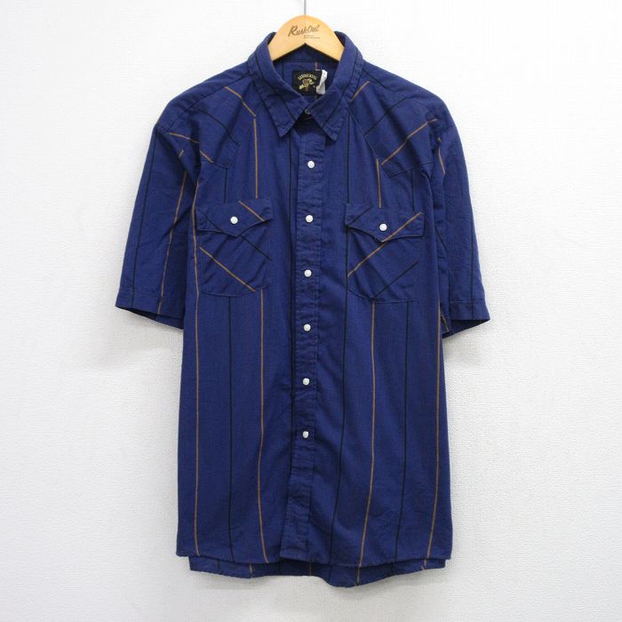 XL★古着 半袖 ウエスタン シャツ メンズ 90年代 90s USA製 紺他 ストライプ 26apr22