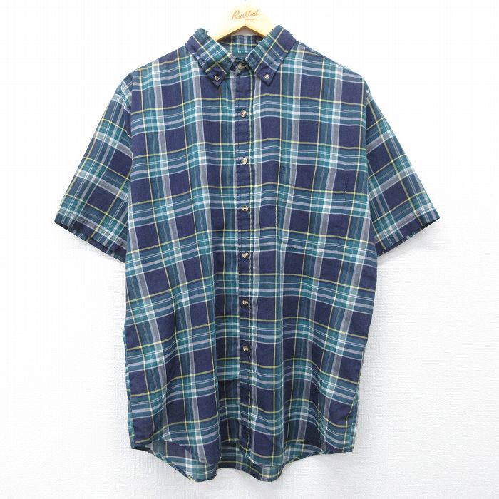 XL★古着 キー KEY 半袖 シャツ メンズ 90年代 90s ボタンダウン 紺他 チェック 26apr22