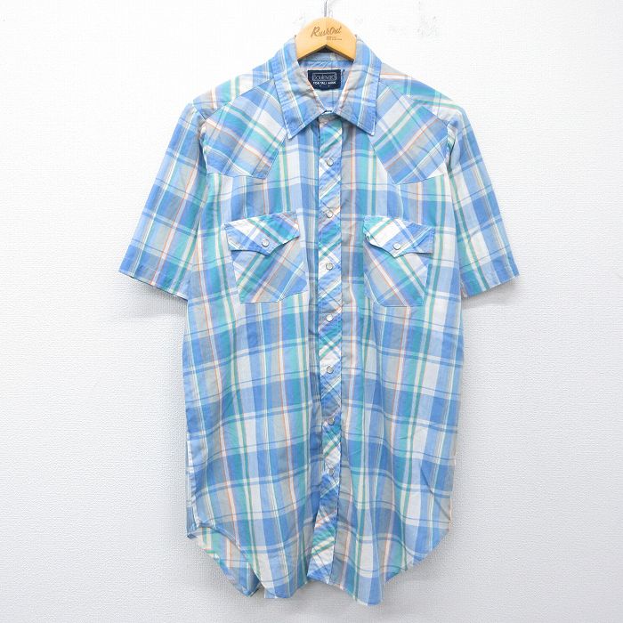 L★古着 半袖 ウエスタン シャツ メンズ 90年代 90s ロング丈 薄紺他 チェック 26apr22