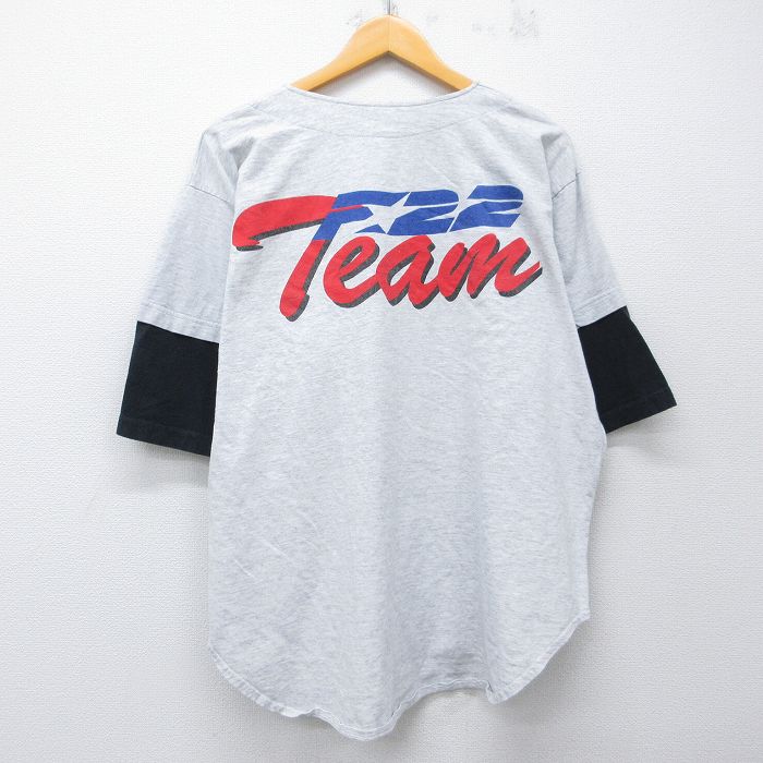 XL★古着 半袖 ベースボール シャツ メンズ 90年代 90s 飛行機 F-22 大きいサイズ コットン USA製 薄グレー 霜降り他【spe】 26apr24